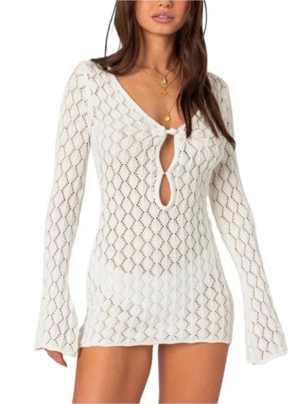 Edikted White Crochet Tie-Front Long Sleeve Swim Coverup